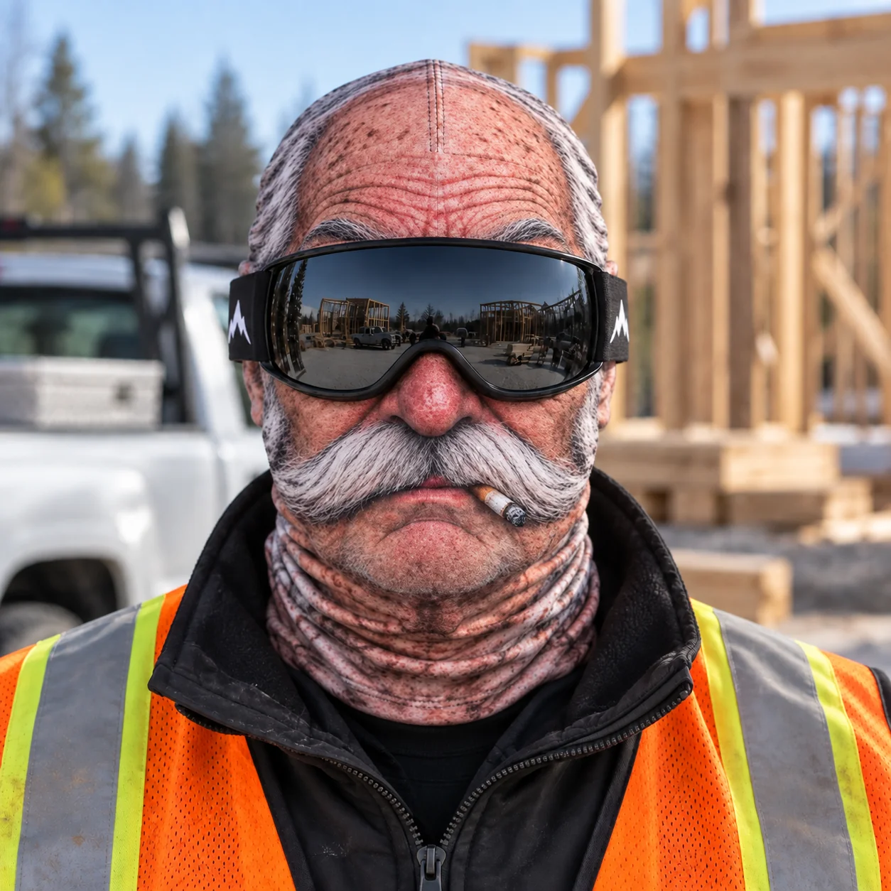 Photorealistic old man ski mask with a thick white mustache and a cigarette, worn by a construction worker in a high-vis vest and ski goggles